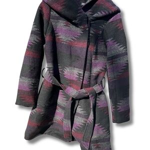 Steve Madden Purple and Black Aztec Pattern Belted Coat